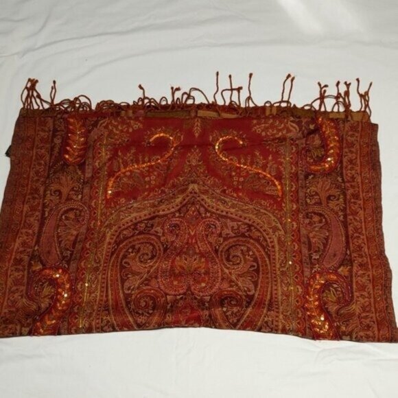 Tie Rack Earthy Embellished Paisley Wool Oblong Scarf Shawl - Picture 8 of 9